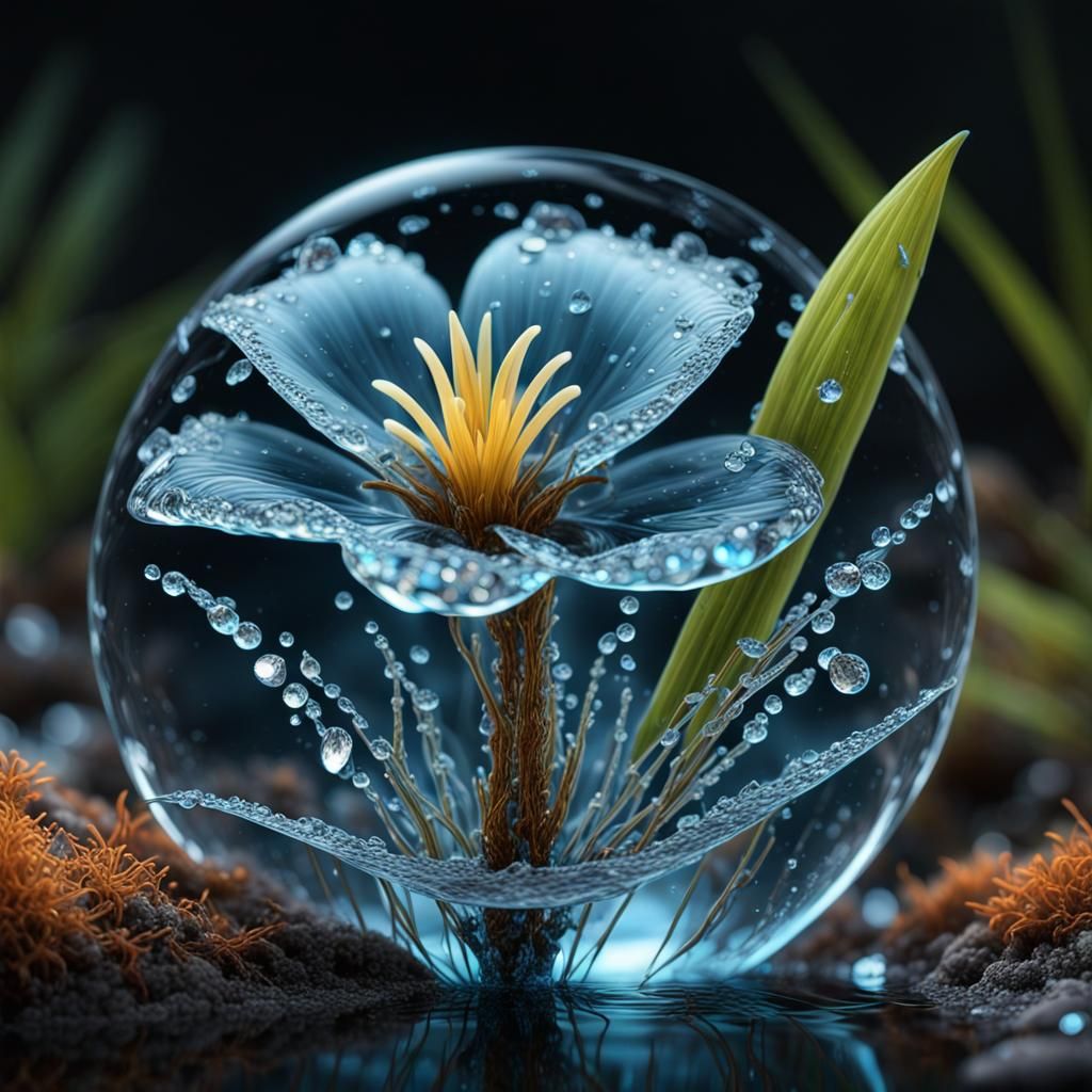 Bioluminescent Tropical Flower Reflected in Diamond Water Dr...
