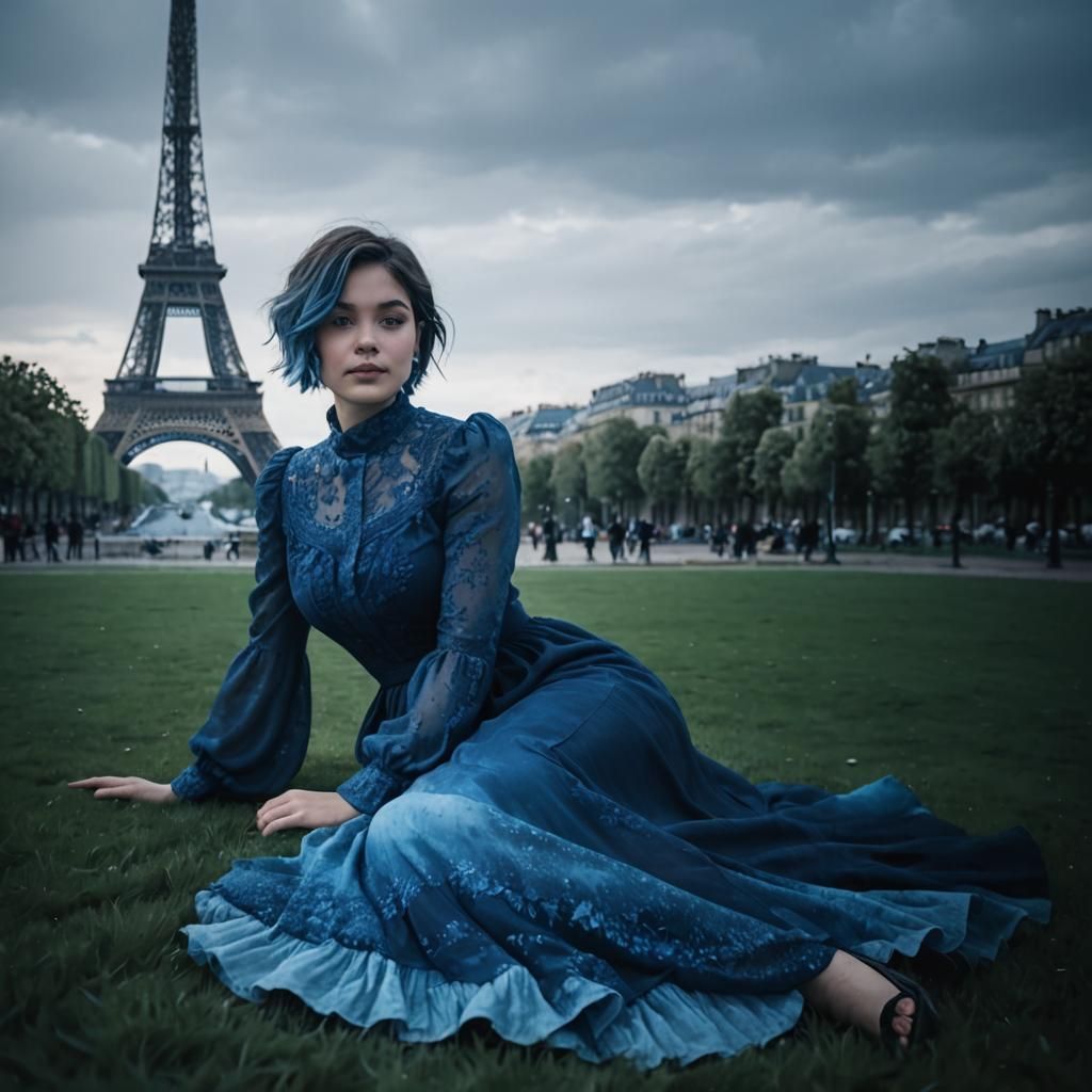 Monochromatic Painting: Woman in Blue Dress, Paris