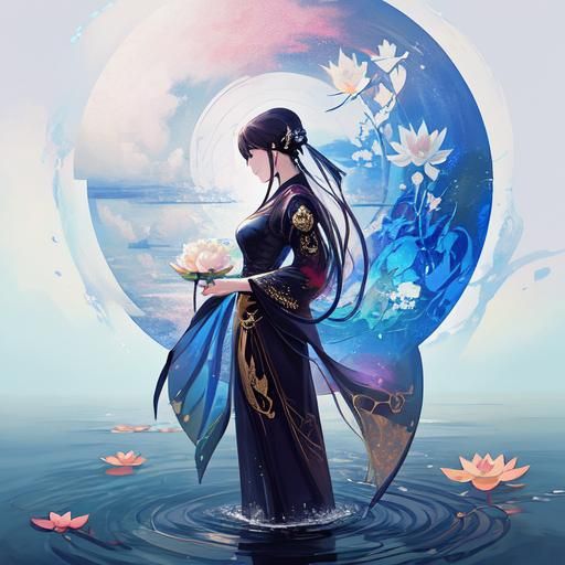 Woman with Lotus Flowers in Guweiz Style