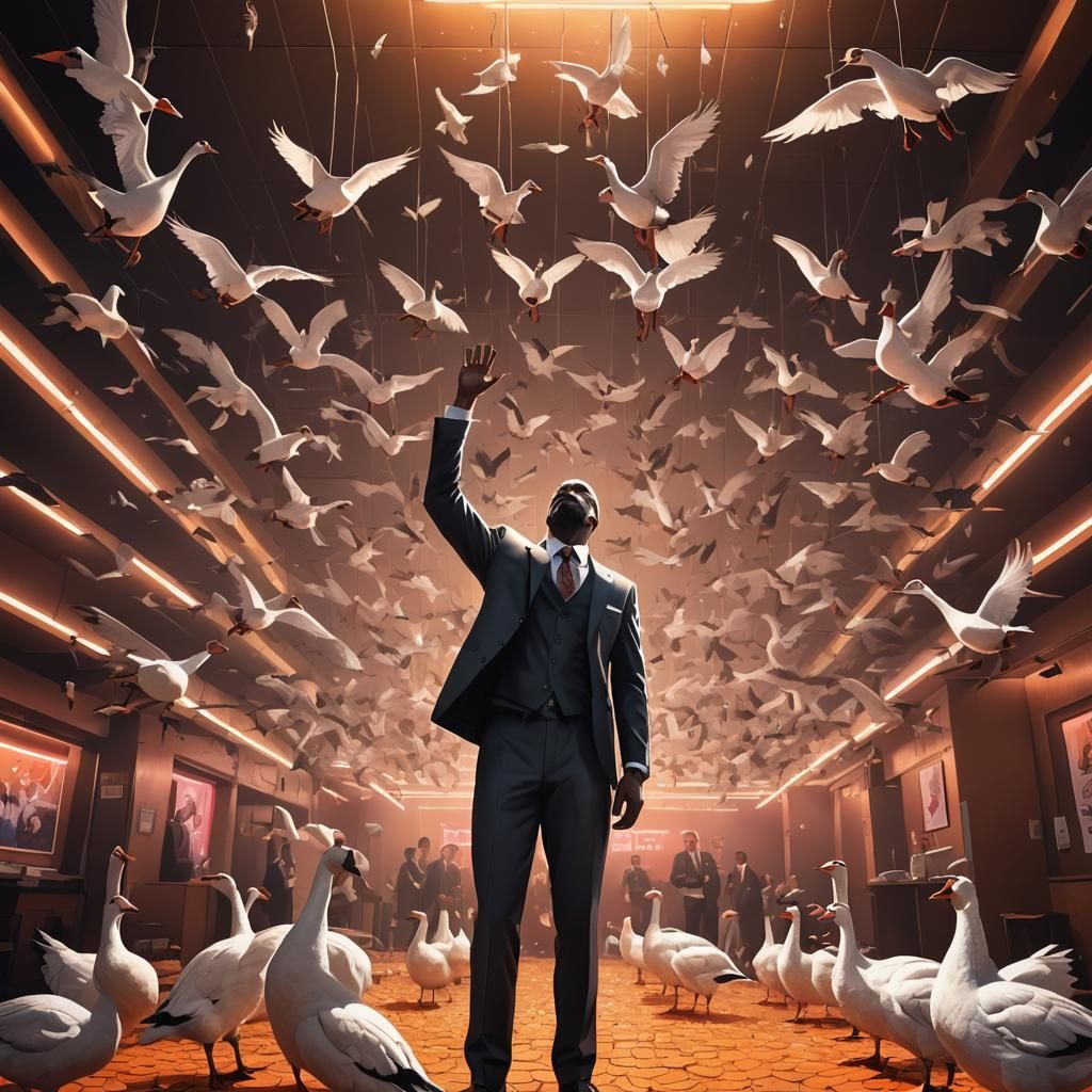 Geese Upside Down: A Hyper-realistic Cartoon