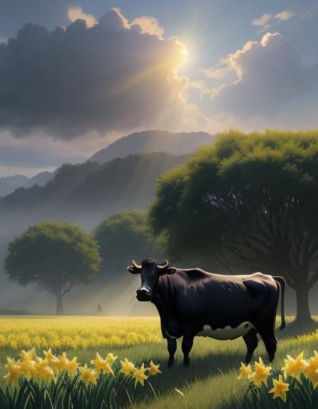 Cow in Daffodil Field: Detailed Matte Painting