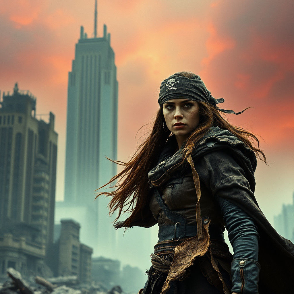 Post-Apocalyptic Pirate Woman in Ruined Cityscape