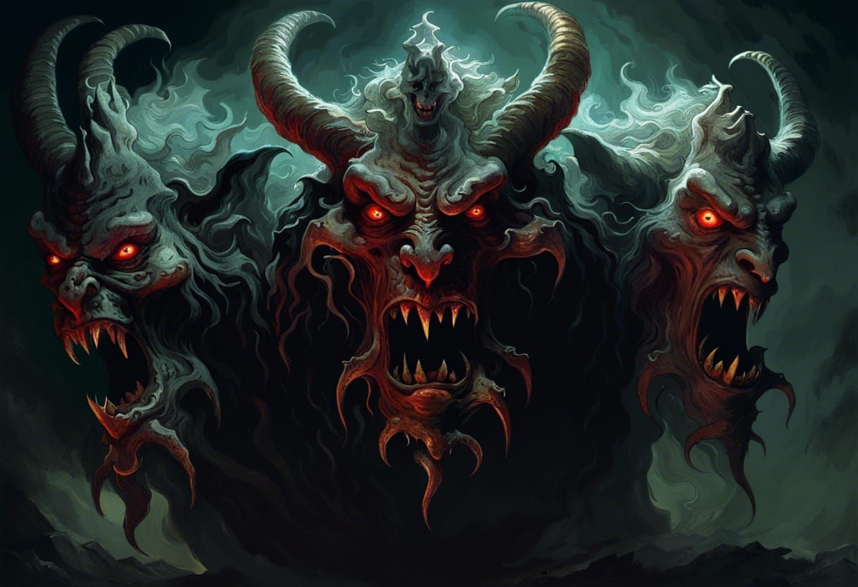 Three-Headed Demon in Dark Horror Style