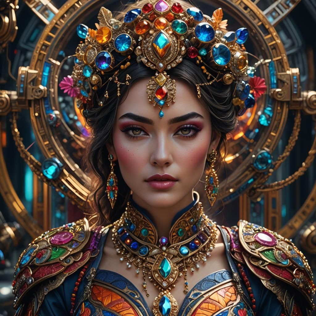 Hyperrealistic Portrait of Woman with Futuristic Jewellery