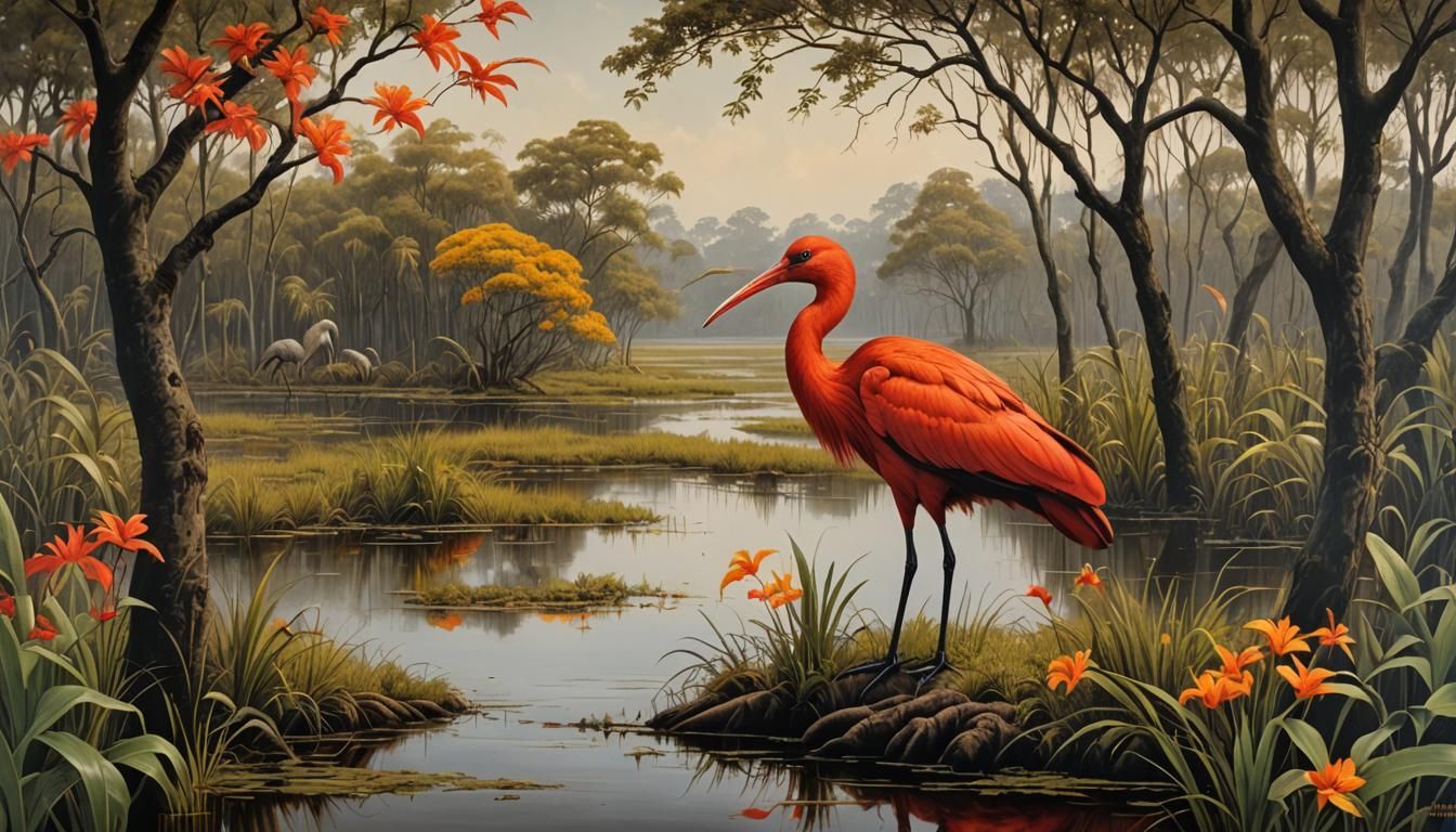 Scarlet Ibis in Louisiana Marsh: Digital Matte Painting