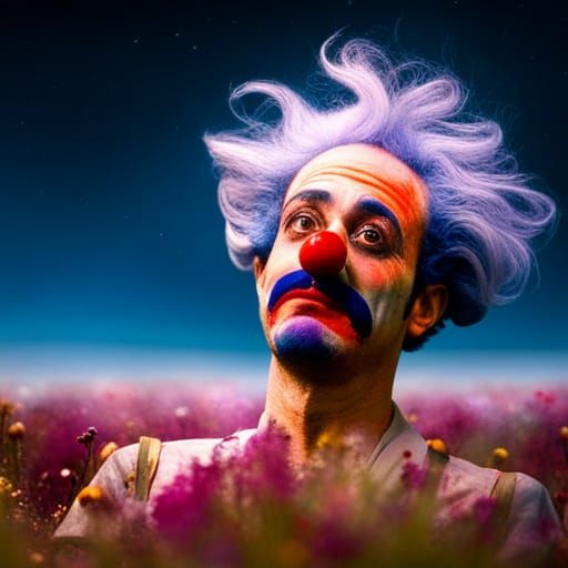 Bip the Clown in Nebular Landscape: Photorealistic Art