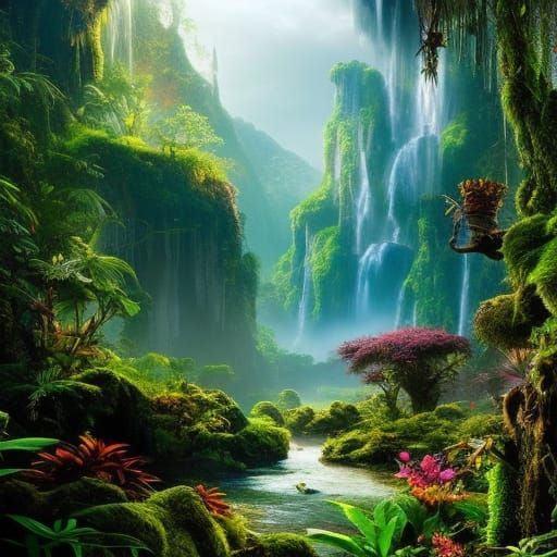 Hawaiian Princess in Jungle Waterfall, Digital Art