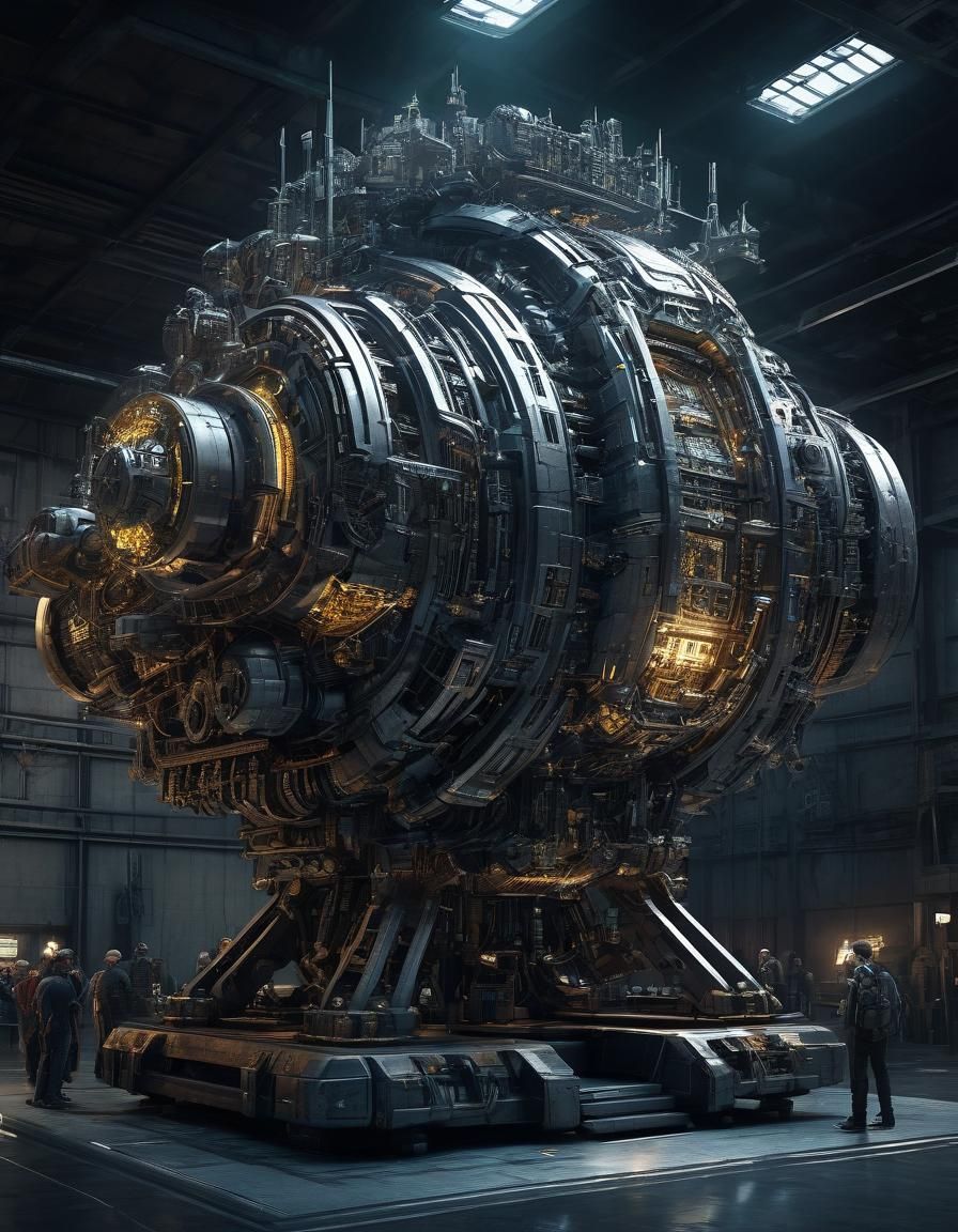 Futuristic Fusion Engine in Mech Hangar, Hyperdetailed