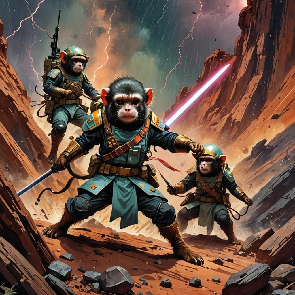 Marmoset Monkeys Duel on Mars in Watercolor Style