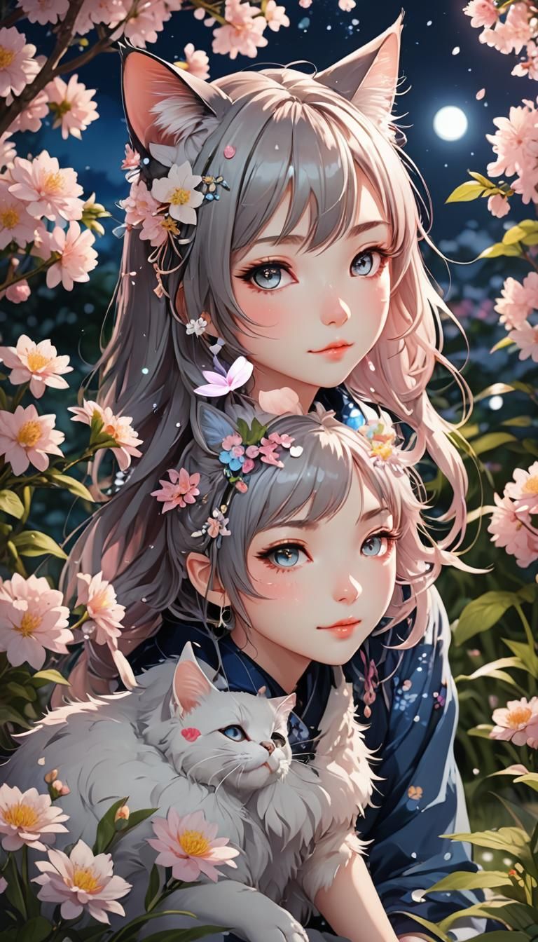 Anime Catgirl Portrait in Moonlit Garden