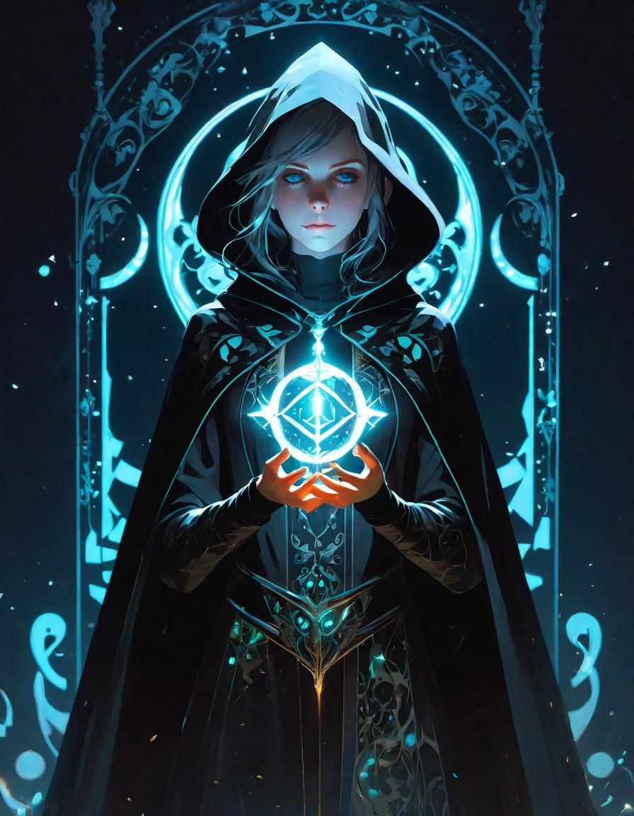 Anime Occultist with Magic Glyphs in Dim Lighting