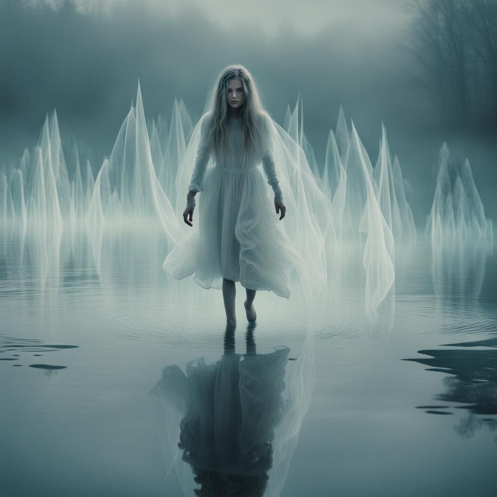 Ethereal Woman Walking on Water: Double Exposure