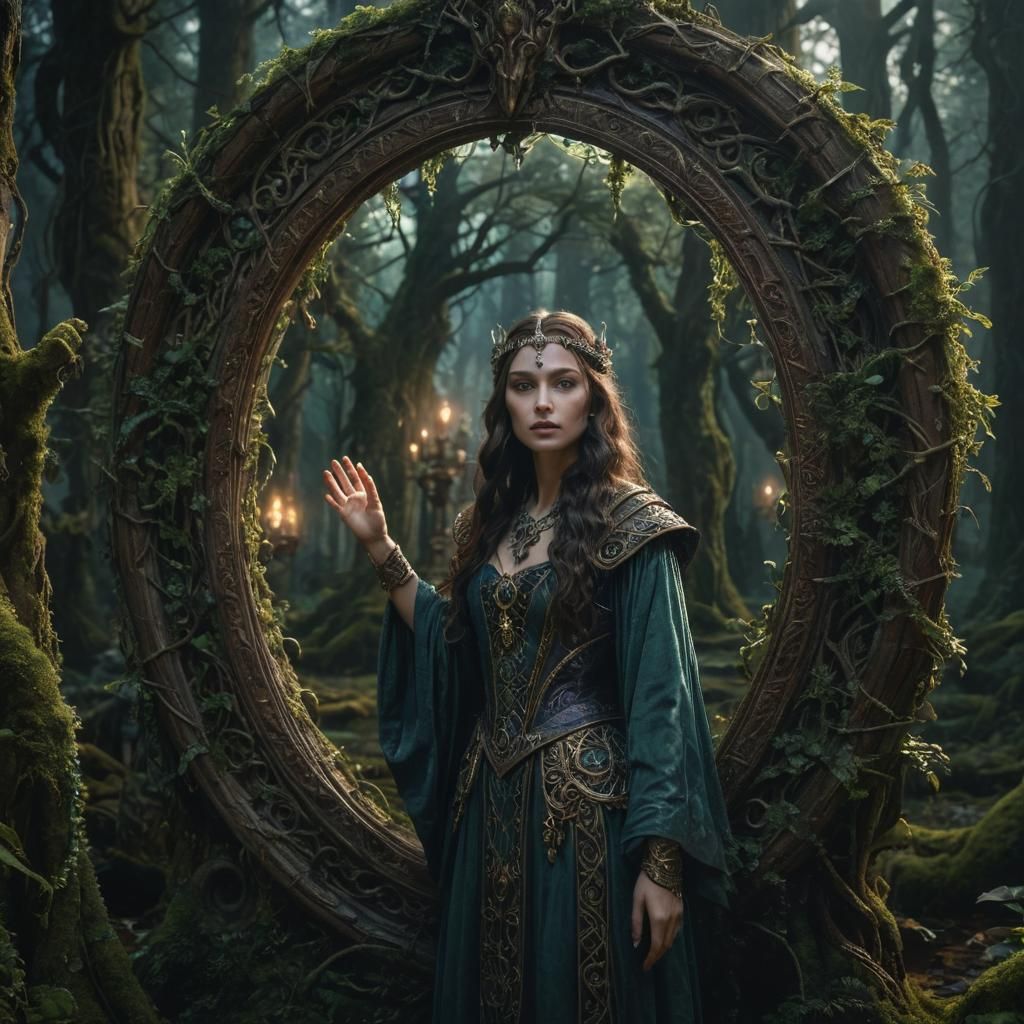 Mystical Sorceress and Magic Mirror in Fantasy Forest