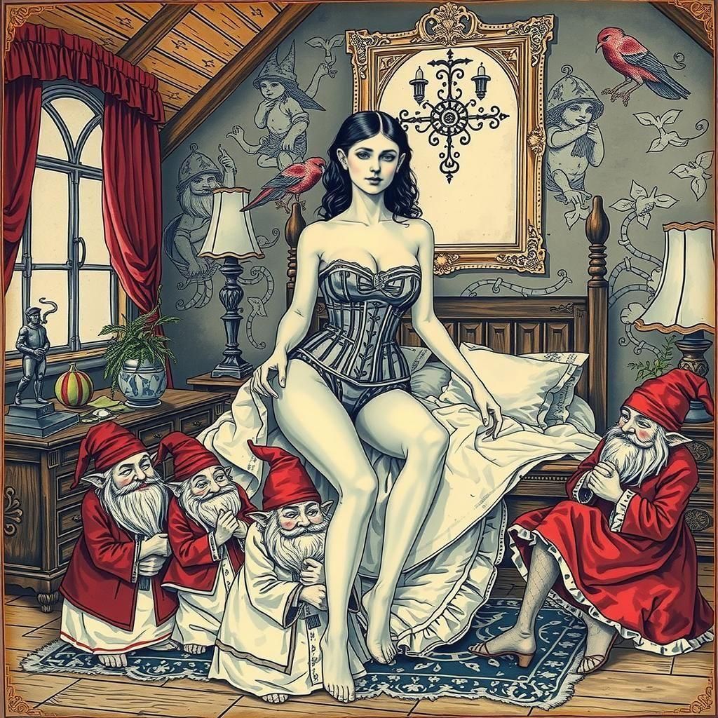 Victorian Woman Surrounded by Gnomes, Renaissance Drawing