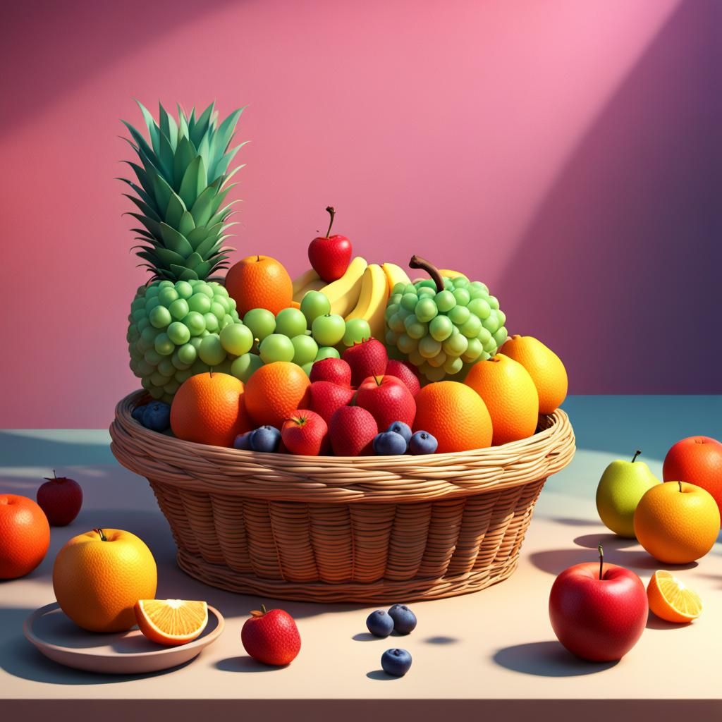Basket of Fruit on Table as 3D Digital Art