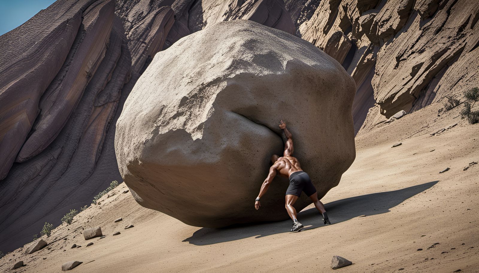 Dwayne Johnson as Sisyphus in Hellish Landscape