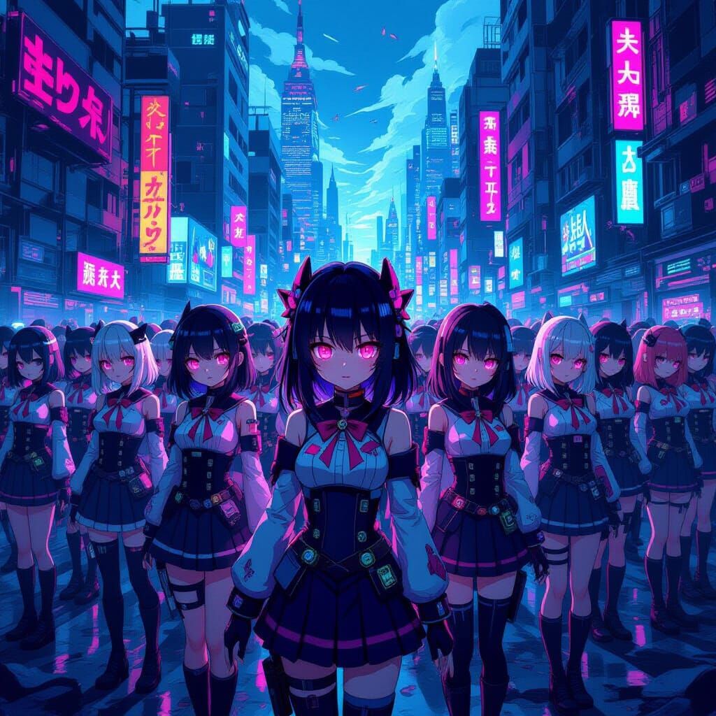 Synchronized Anime Girls in Cyberpunk Cityscape
