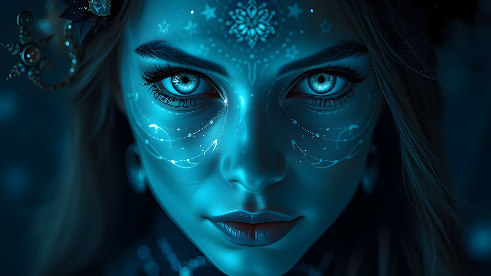 Enigmatic Woman with Glowing Sapphire Eyes in Celestial Patt...
