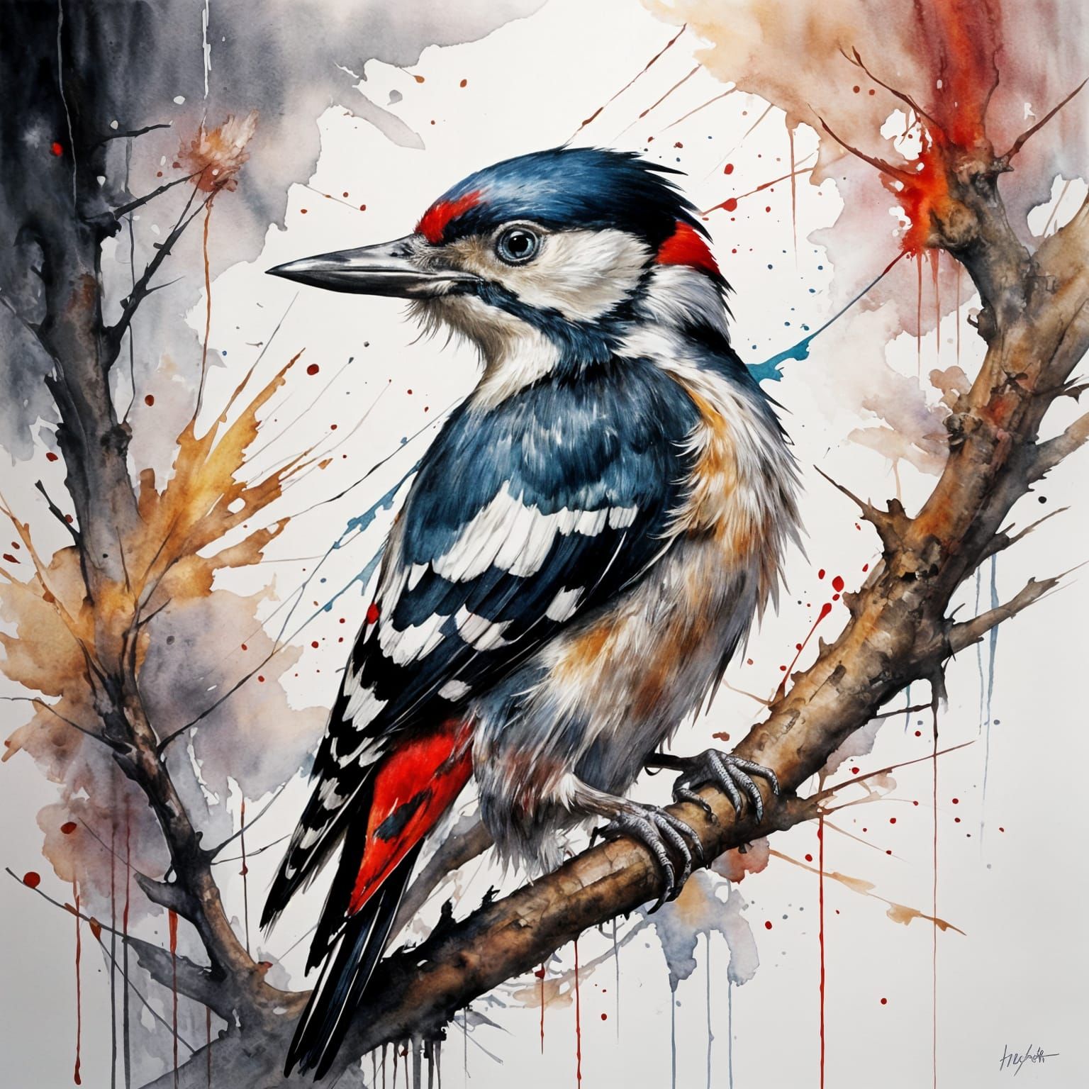 Woodpecker Drilling Oak Tree Bark in Watercolour Style