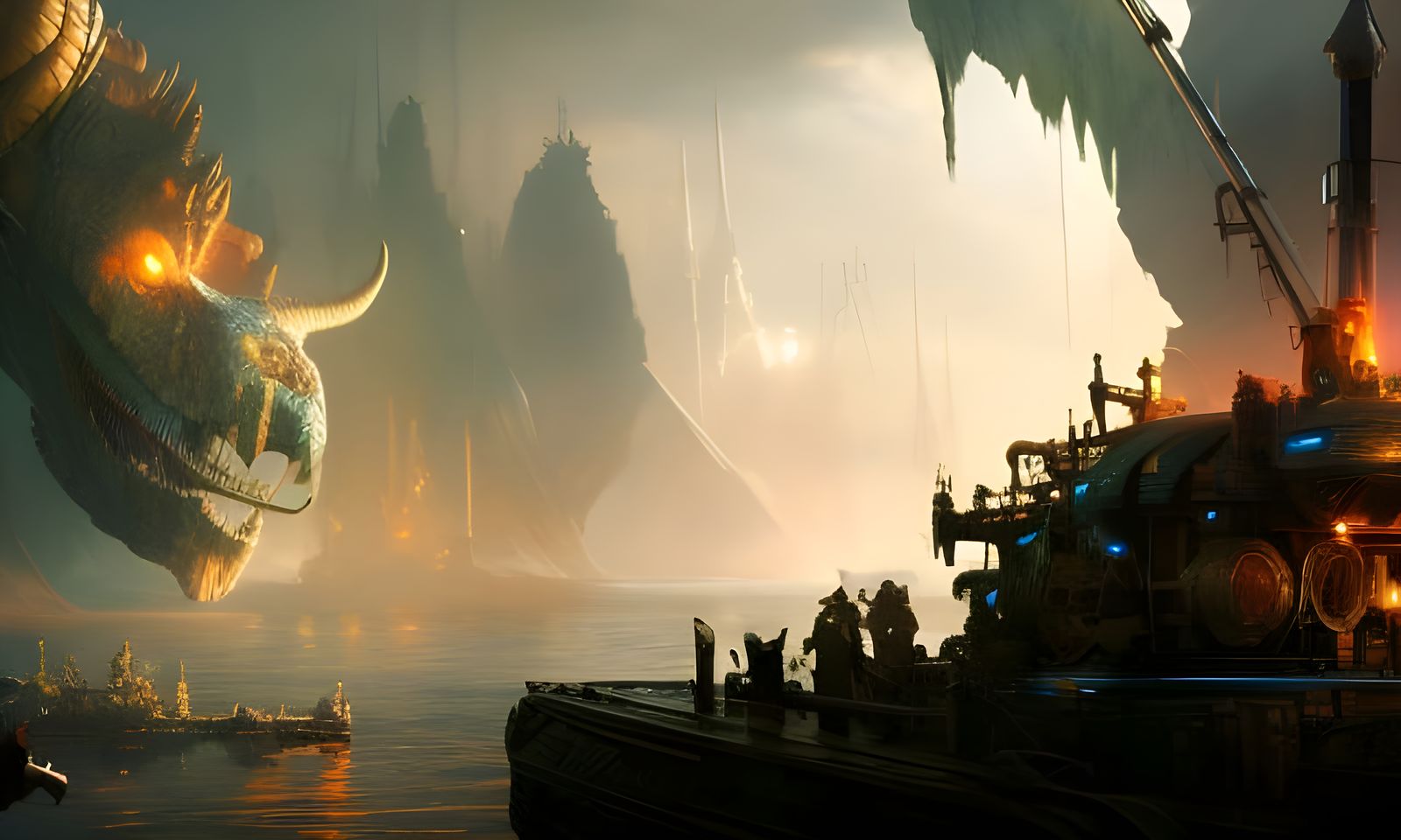 Steampunk Riverboat on Prehistoric River in Detailed Matte P...