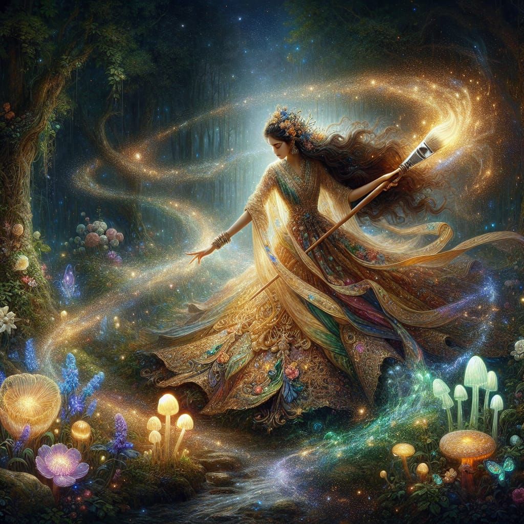 Enchantress's Glowing Dance in a Magical Forest