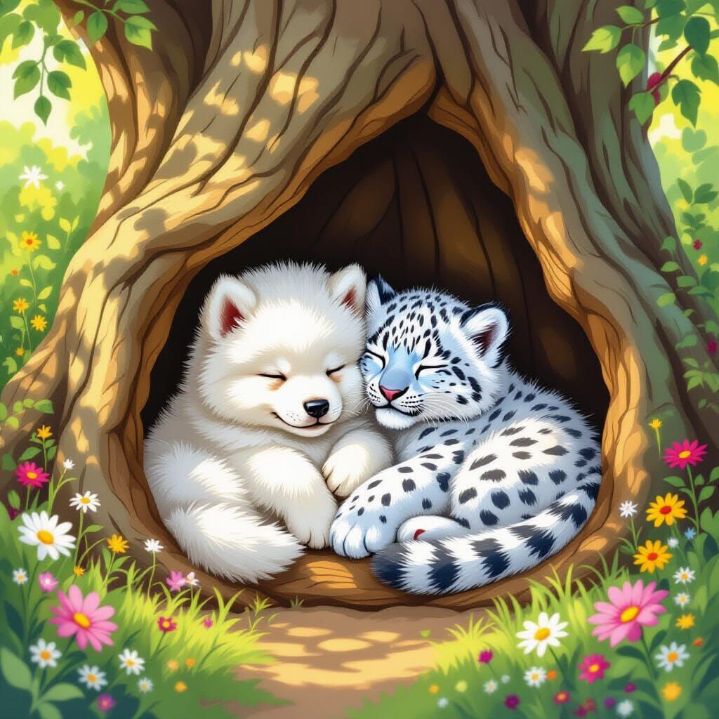 Samoyed Puppy & Snow Leopard Cub Nap in Enchanted Forest