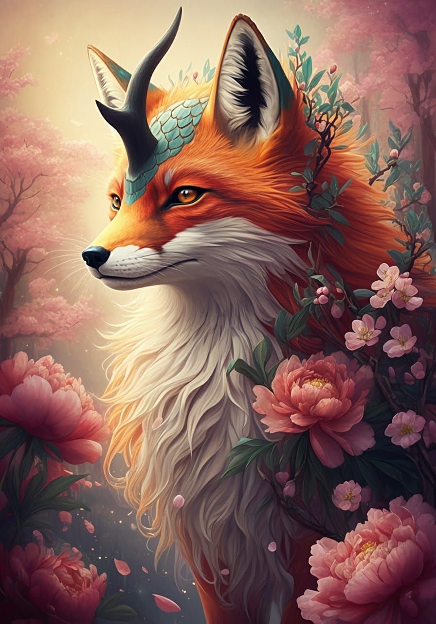 Mystical Fox Kirin in Floral Dreamscape