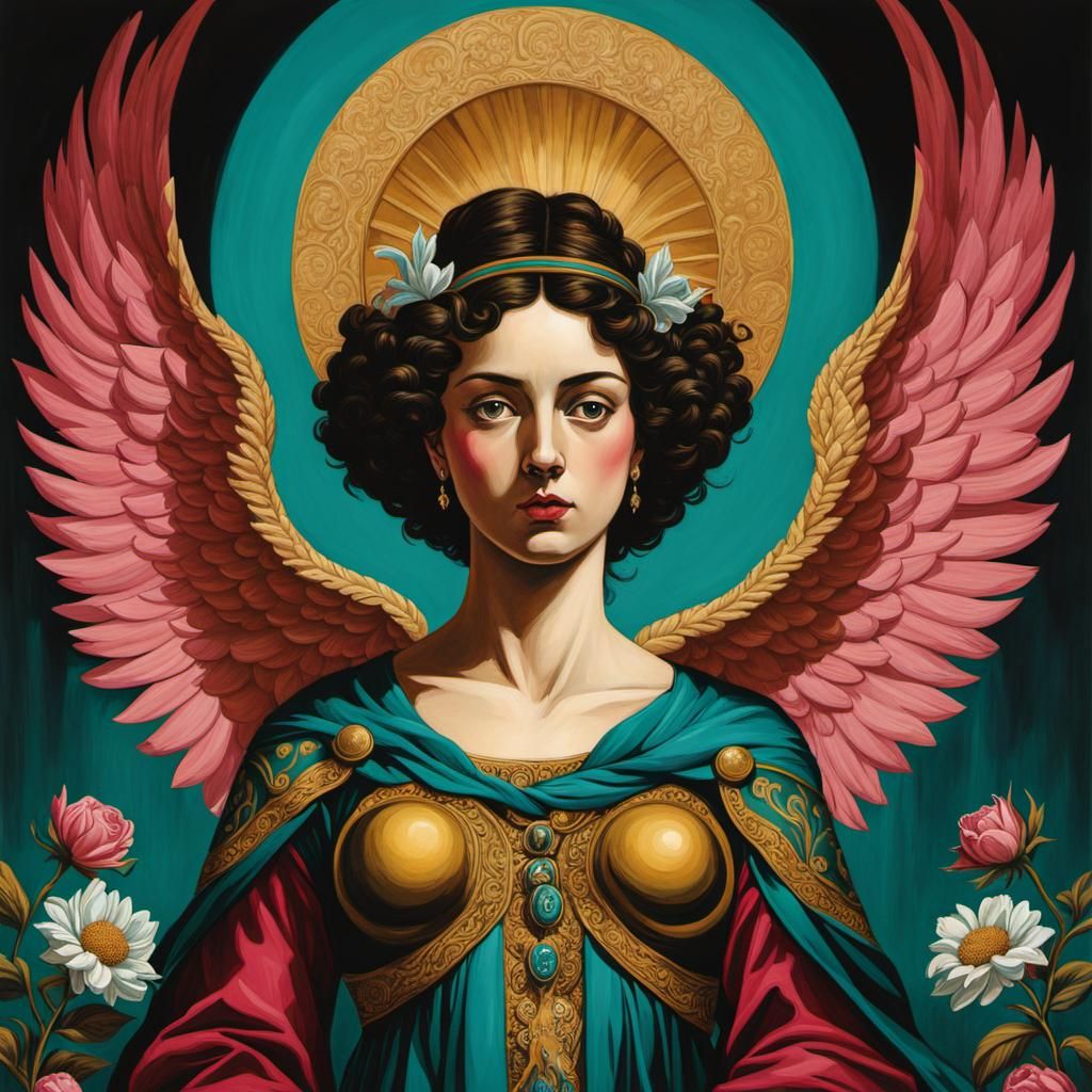 Teal Angel: Naive Art Inspired by Caravaggio