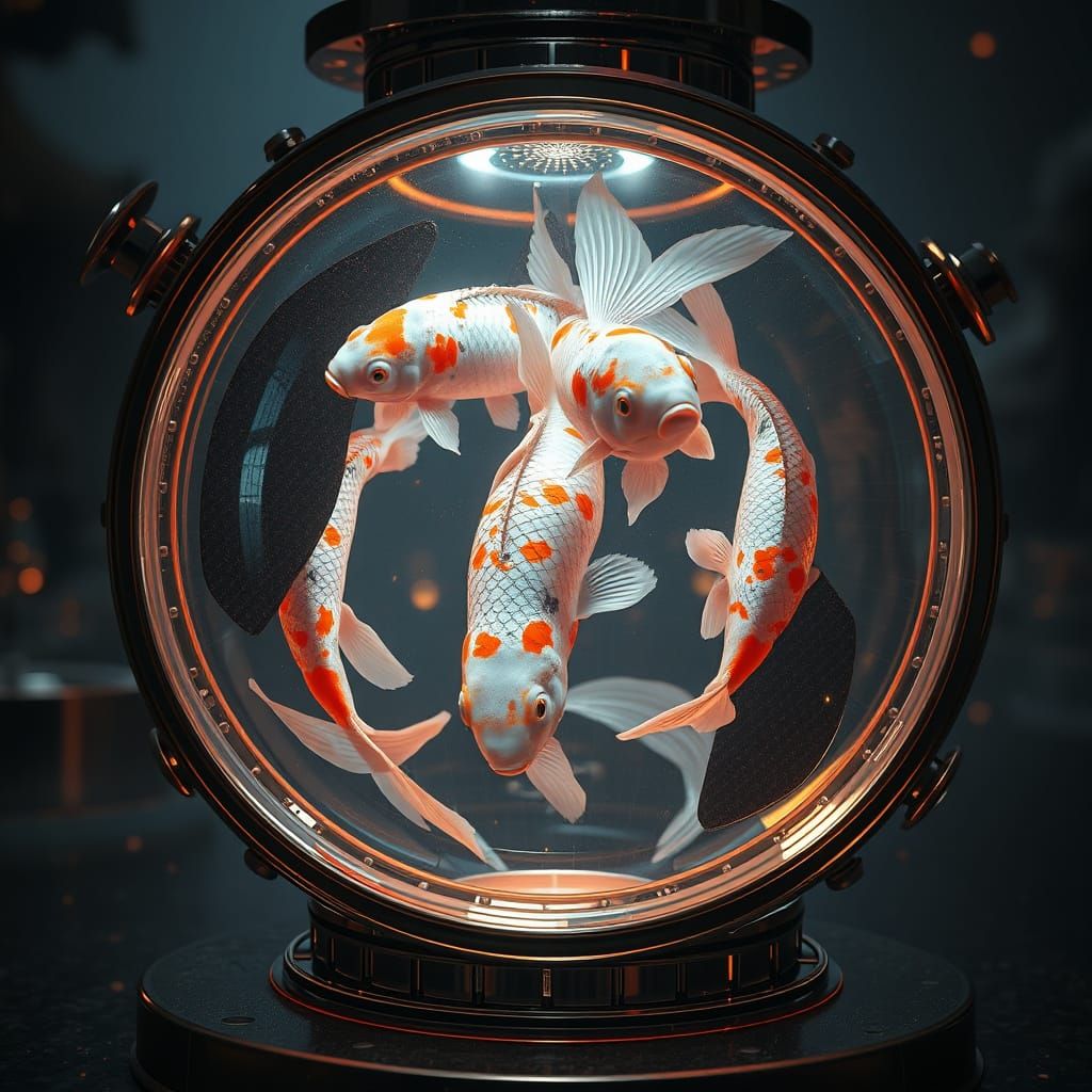 Luminous Koi Carps in Futuristic Lamp