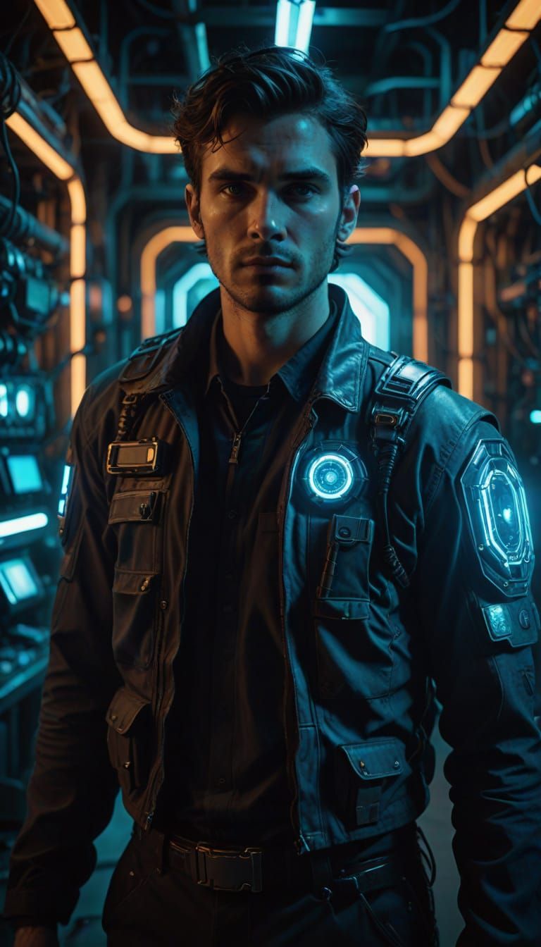 Cyberpunk Engineer in Post-Cataclysmic Setting