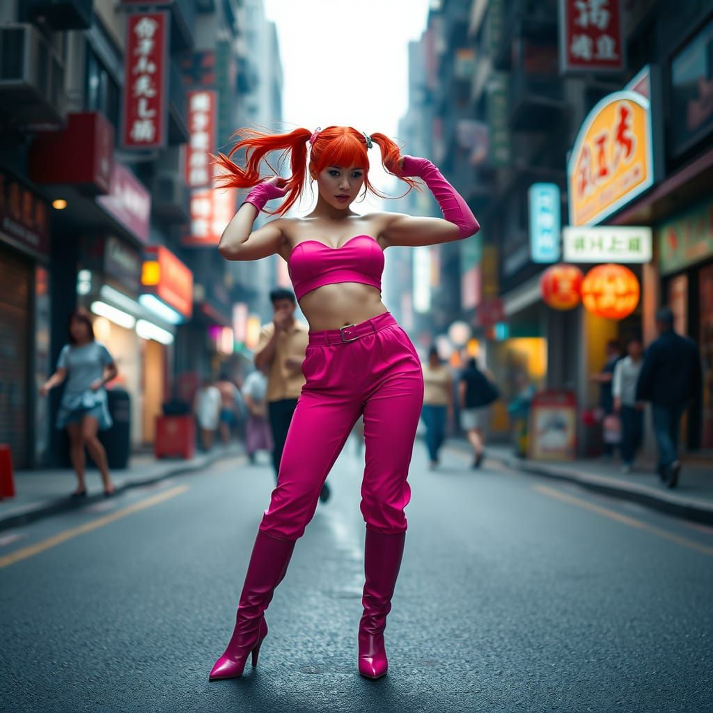 Sultry Redhead Dancer in Vibrant Pink Streetwear