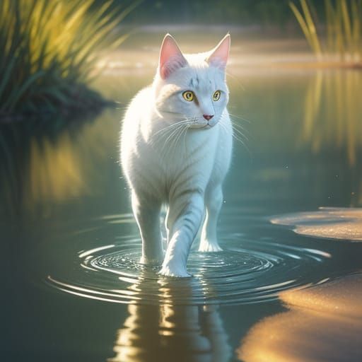 Dreamy Cat Walking Through Shimmering Water in Golden Hour