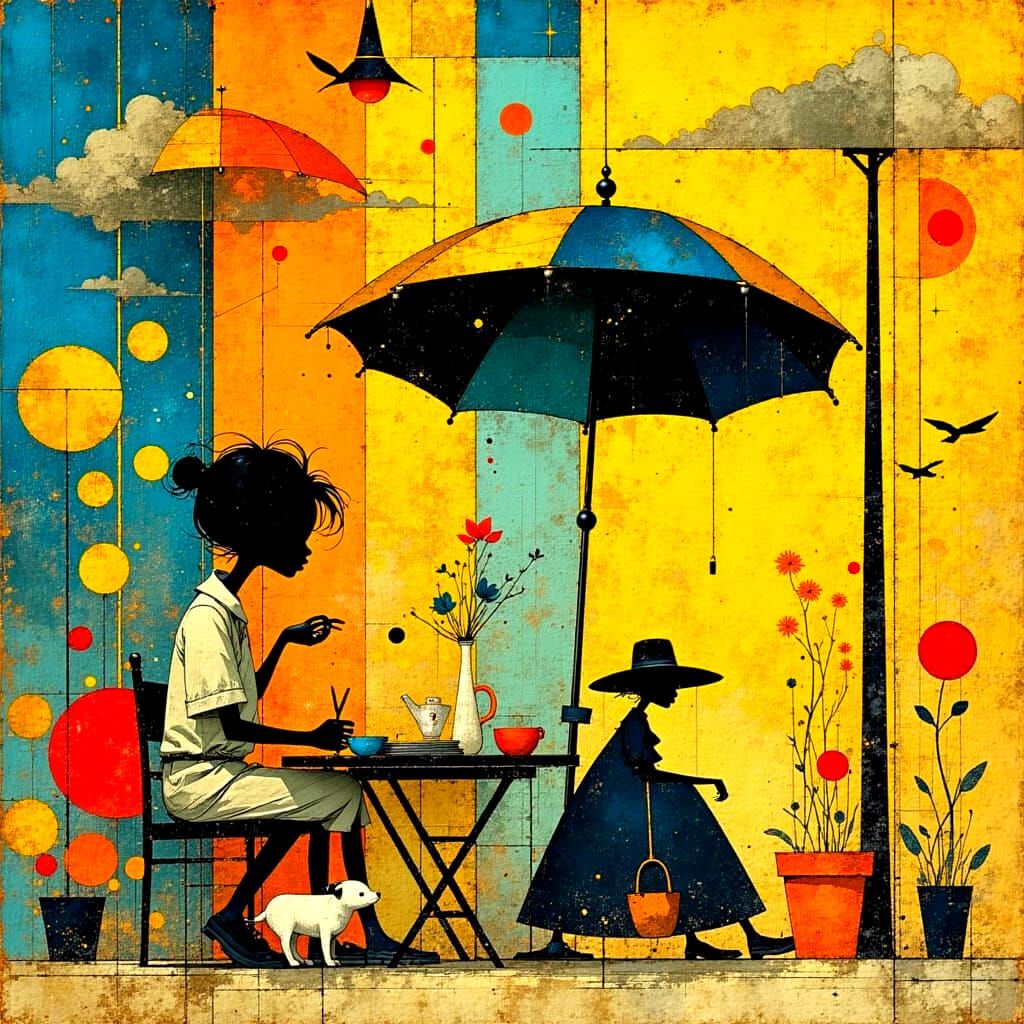 Abstract Illustration with Harlequin, People and Animals