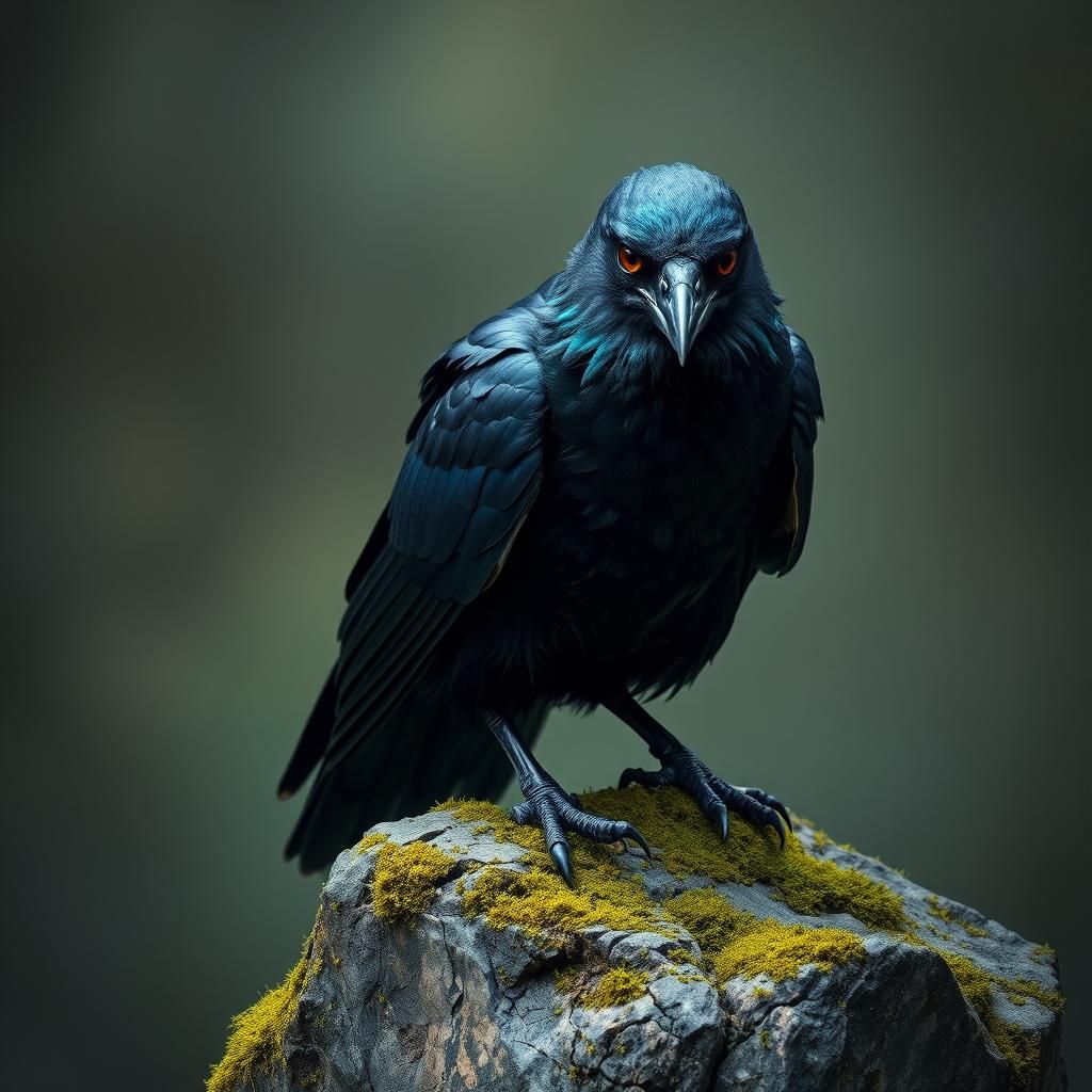 Majestic Iridescent Crow on Ancient Stone