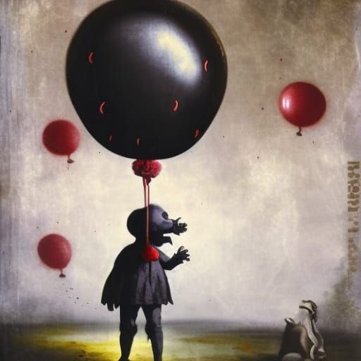 Sad Red Balloon with Floating Clown, Surreal Horror