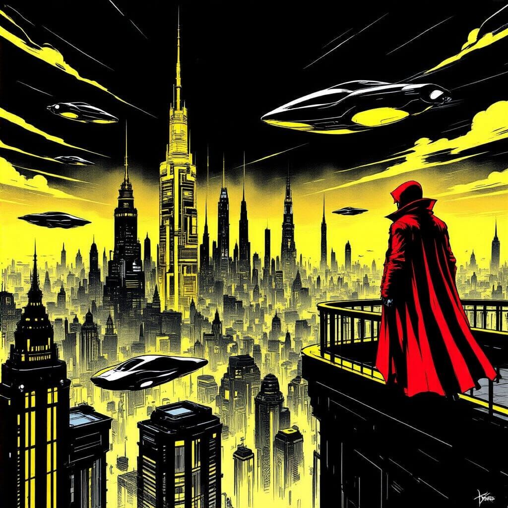 Futuristic City Sketch with Neon Hover Cars