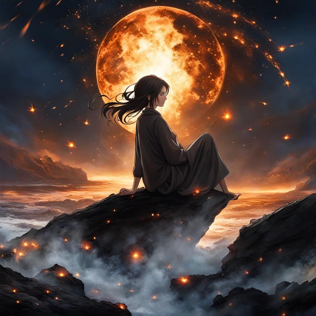Anime Girl Gazing at Falling Stars and Shattered Moon