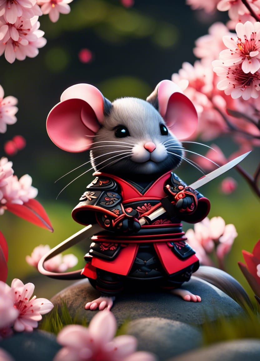 Cute Mouse Samurai in Sakura Garden, Chibi Style