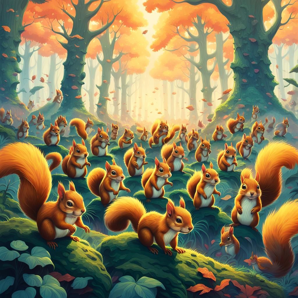 Squirrel Army Marches Through Misty Forest