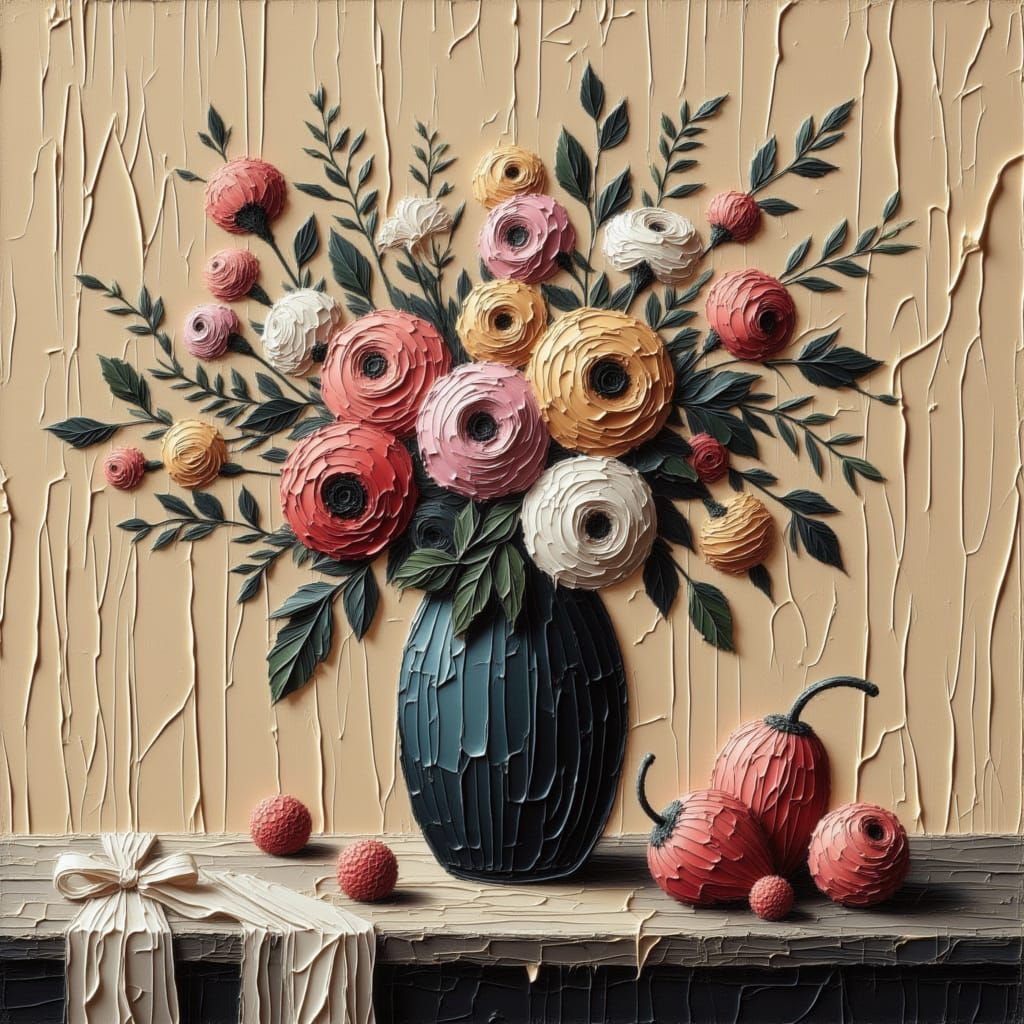 Vase of  flowers and fruit still life <lora:Moonchild:1.0>