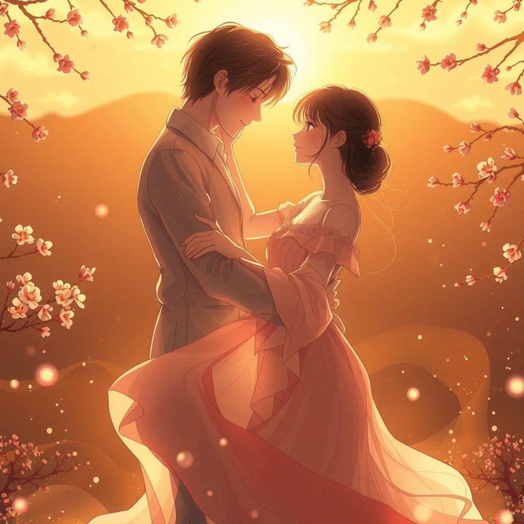Lovers' Timeless Dance in Golden Light, Anime Style