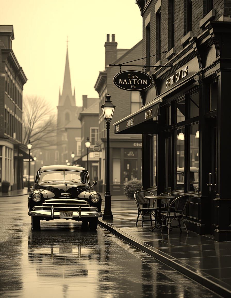 Vintage Rainy Street Scene with Classic Car
