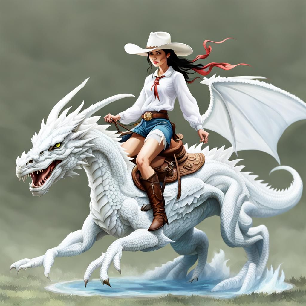 Cowgirl Riding a White Dragon Fantasy Art