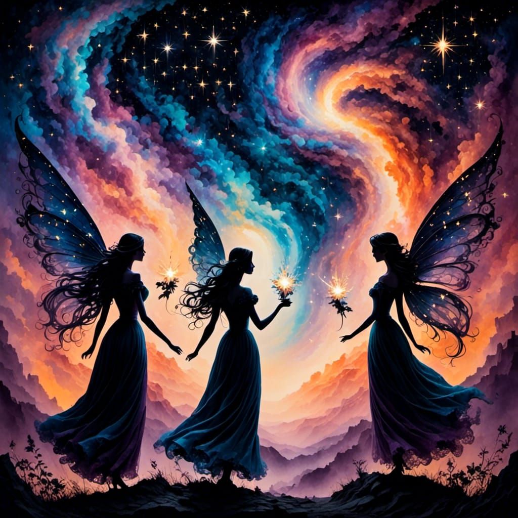 Ethereal Fairies Silhouetted Against Starry Sky