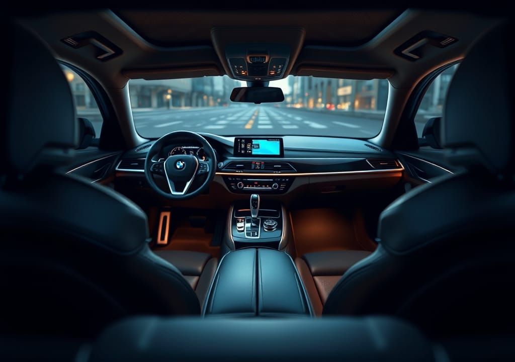 super detailed bmw m7 interior viewed from the back seat looking at the dashboard 8K resolution