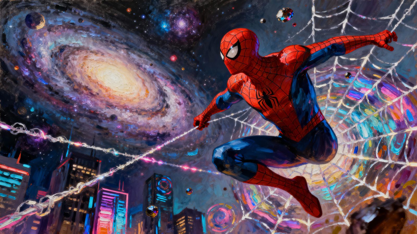 Spiderman Webs Across the Universe in Epic Oil Painting Styl...