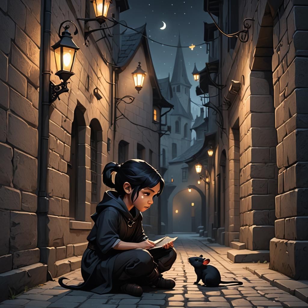 Low-Poly Tiefling Girl and Mouse in Alleyway