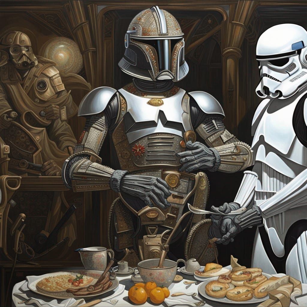 Cylon and Stormtrooper Breakfast: Maximalist Oil Painting
