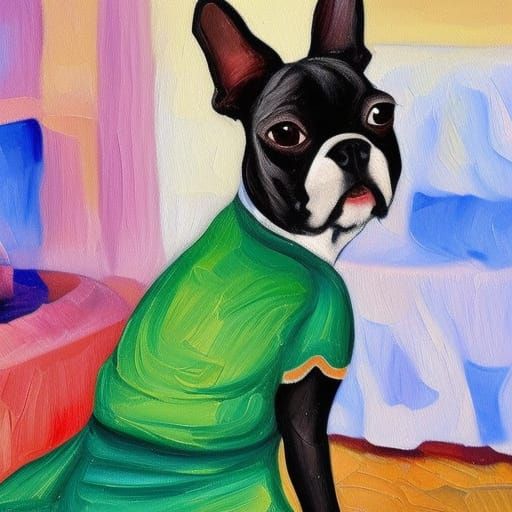 Boston Terrier's Cocktail Hour: An Impressionist Oil Paintin...