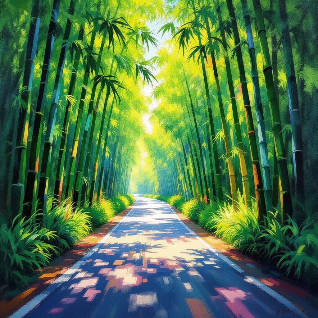 Vibrant Bamboo Tunnel Drive in Summer, Impressionistic Style